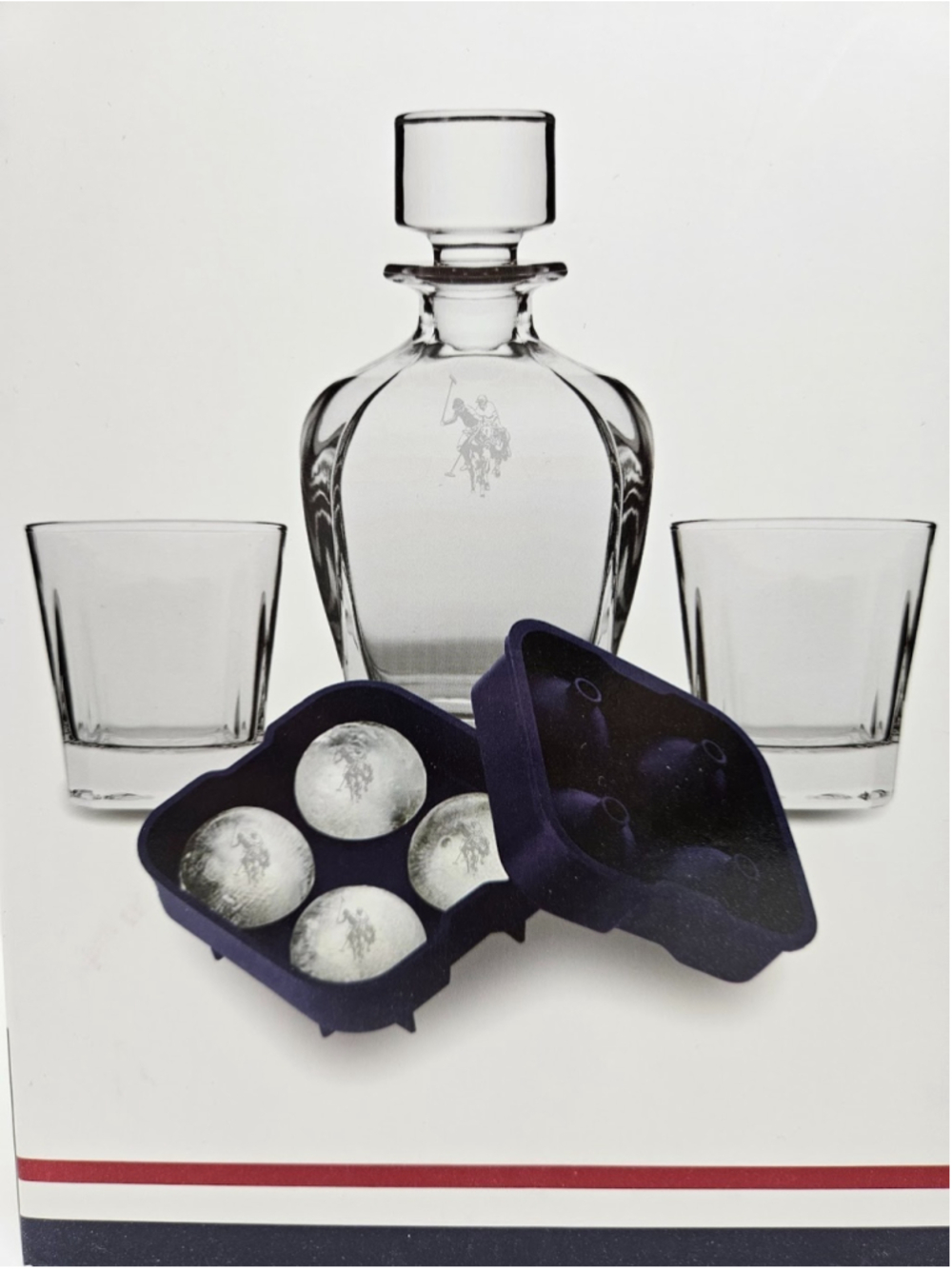 U.S. Polo Assn. 4 Piece Whiskey Decanter Set Glasses Ice Sphere Mold New